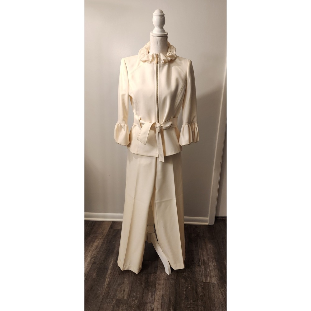Vintage Albert Nipon Ruffle Collar Zip Jacket Pant Suit Sz 4 - Winter White